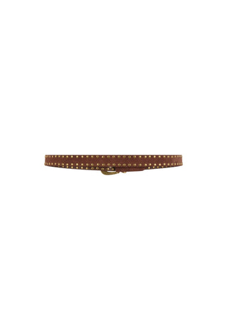 A brown leather belt with a row of small gold studs and a gold buckle, shown horizontally against a plain white background.