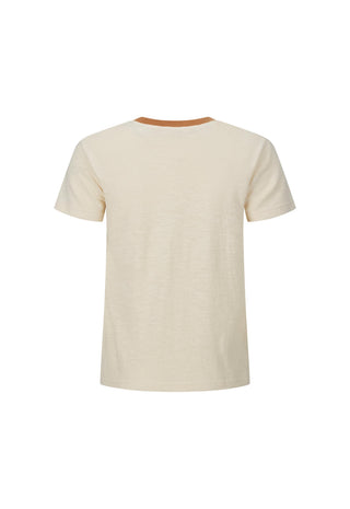 A short-sleeve crewneck t-shirt in a light cream or off-white color, shown from the back. It features a contrasting tan collar trim.