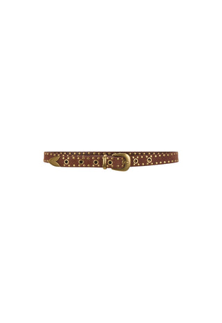 A brown leather belt with gold-tone studs and a gold buckle, displayed horizontally against a plain white background.