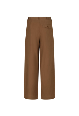 A pair of wide-leg cropped trousers in a solid medium brown color, shown from the back on a plain white background.