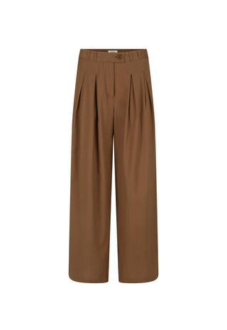 A pair of high-waisted, wide-leg cropped trousers in a solid medium brown color, featuring pleated detailing down the front of the legs, shown against a plain white background.