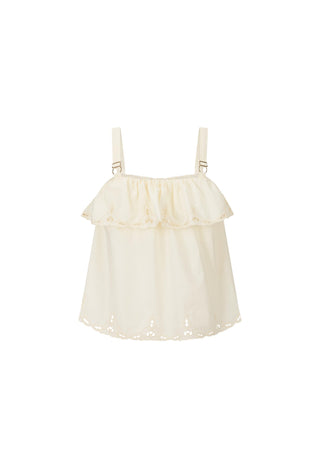 An off-white eyelet lace ruffled top with thin shoulder straps and small gold-tone hardware, shown against a plain white background.