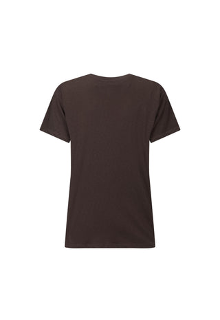 A dark brown short-sleeve crewneck t-shirt shown from the back, isolated on a solid white background.