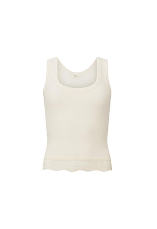 An off-white ribbed tank top with a scoop neckline and a scalloped lace hem, shown against a plain white background.