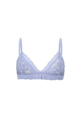 A light lavender lace bralette with thin adjustable shoulder straps and a delicate lace-trimmed underband, shown against a plain white background.