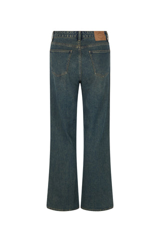 back-view-of-dark-blue-denim-flare-jeans-with-a-brown-leather-patch-on-the-back-waistband-shown-against-a-plain-white-background