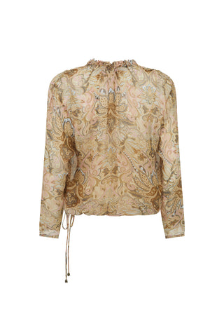 a-long-sleeve-blouse-with-a-beige-and-brown-paisley-pattern-featuring-a-drawstring-waist-and-a-gathered-high-neck-shown-against-a-plain-white-background