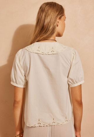 A woman viewed from the back wearing a cream-colored short-sleeve blouse with a decorative eyelet collar and hem, set against a warm beige textured wall.
