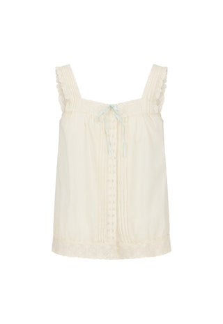 An off-white sleeveless camisole top with ruffled shoulder straps, a pleated front, and a small light blue bow at the neckline, shown against a plain white background.