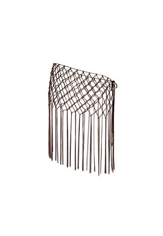 A dark brown asymmetrical fringe mesh wrap or shawl with a knotted net pattern and long hanging fringe, shown on a plain white background.