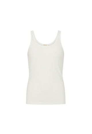 A plain white ribbed tank top with a scoop neck, displayed on a clean white background.
