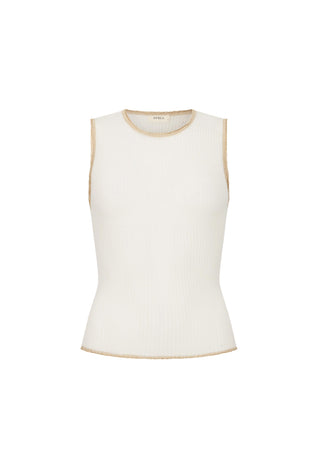 An off-white ribbed sleeveless knit top with beige trim along the neckline and armholes, shown against a plain white background.