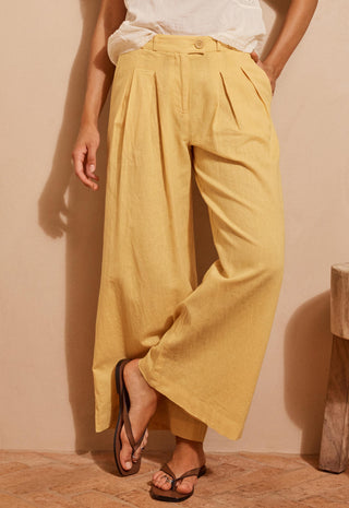 a-person-wearing-wide-leg-pleated-trousers-in-a-warm-mustard-yellow-color-styled-with-a-white-top-and-brown-sandals-standing-against-a-beige-wall